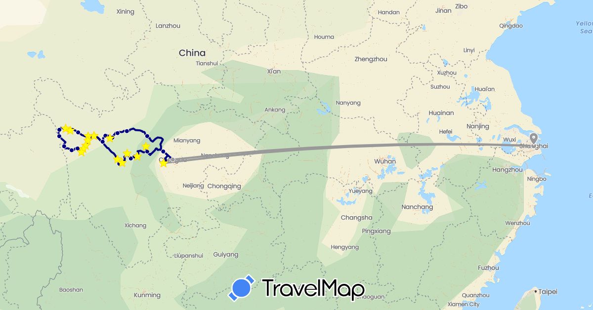 TravelMap itinerary: driving, plane, hiking in China (Asia)